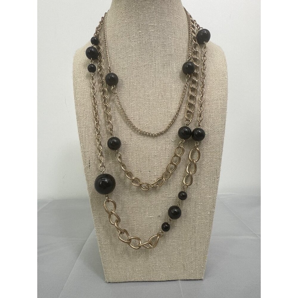 Multi-Strand Silver Tone & Black Beaded Necklace